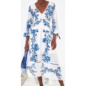 Farm Rio White Blue Floral Lace Dress Arara Eyelet